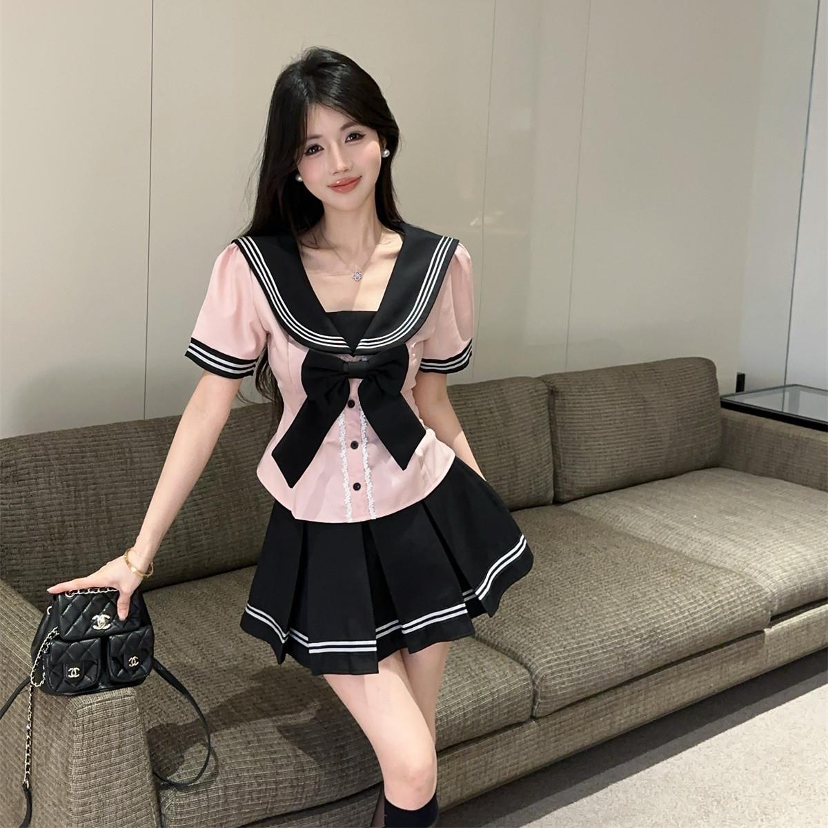 夏季新款学院风辣妹套装制服海军领蝴蝶结短袖衬衫百褶裙两件套