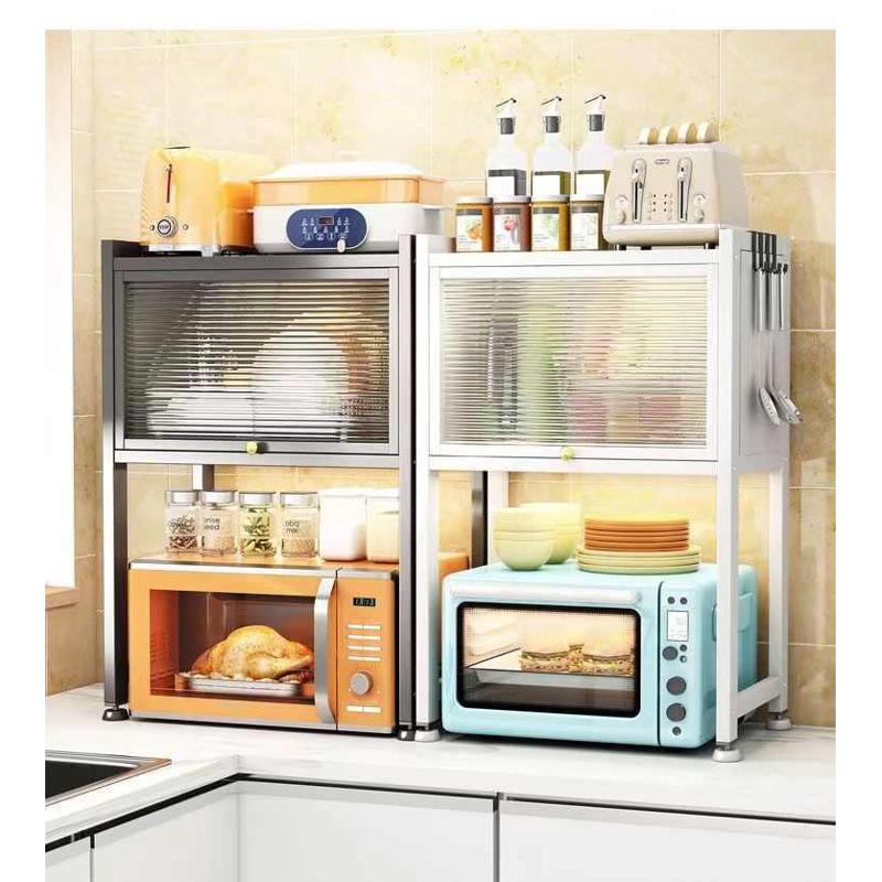厨房台面式置物架碳钢多层带柜门橱柜封闭式微波炉烤箱收纳架厂家