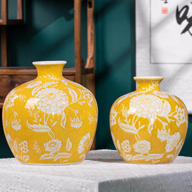 黄色石榴花瓶半手工填色凹凸感新中式陶瓷花瓶可水培陶瓷摆件饰品