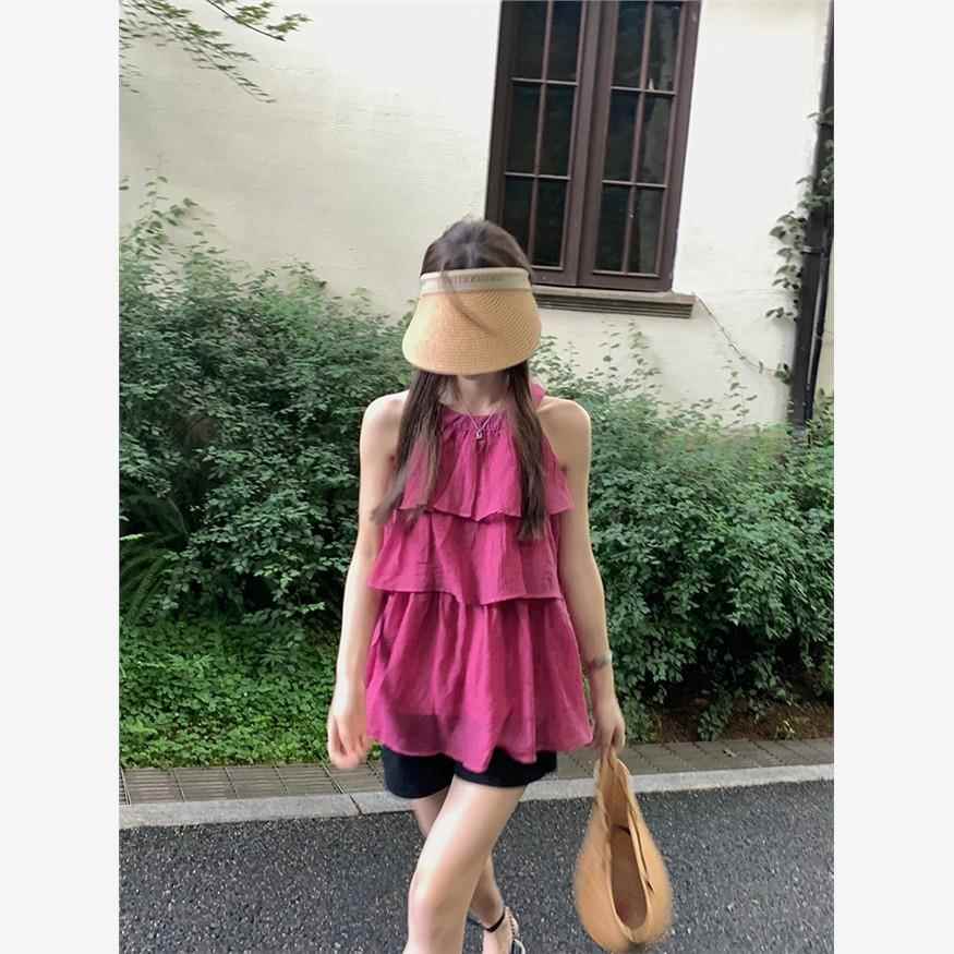 火龙果色无袖挂脖上衣小衫女夏季法式小众设计感宽松露肩雪纺衬衫