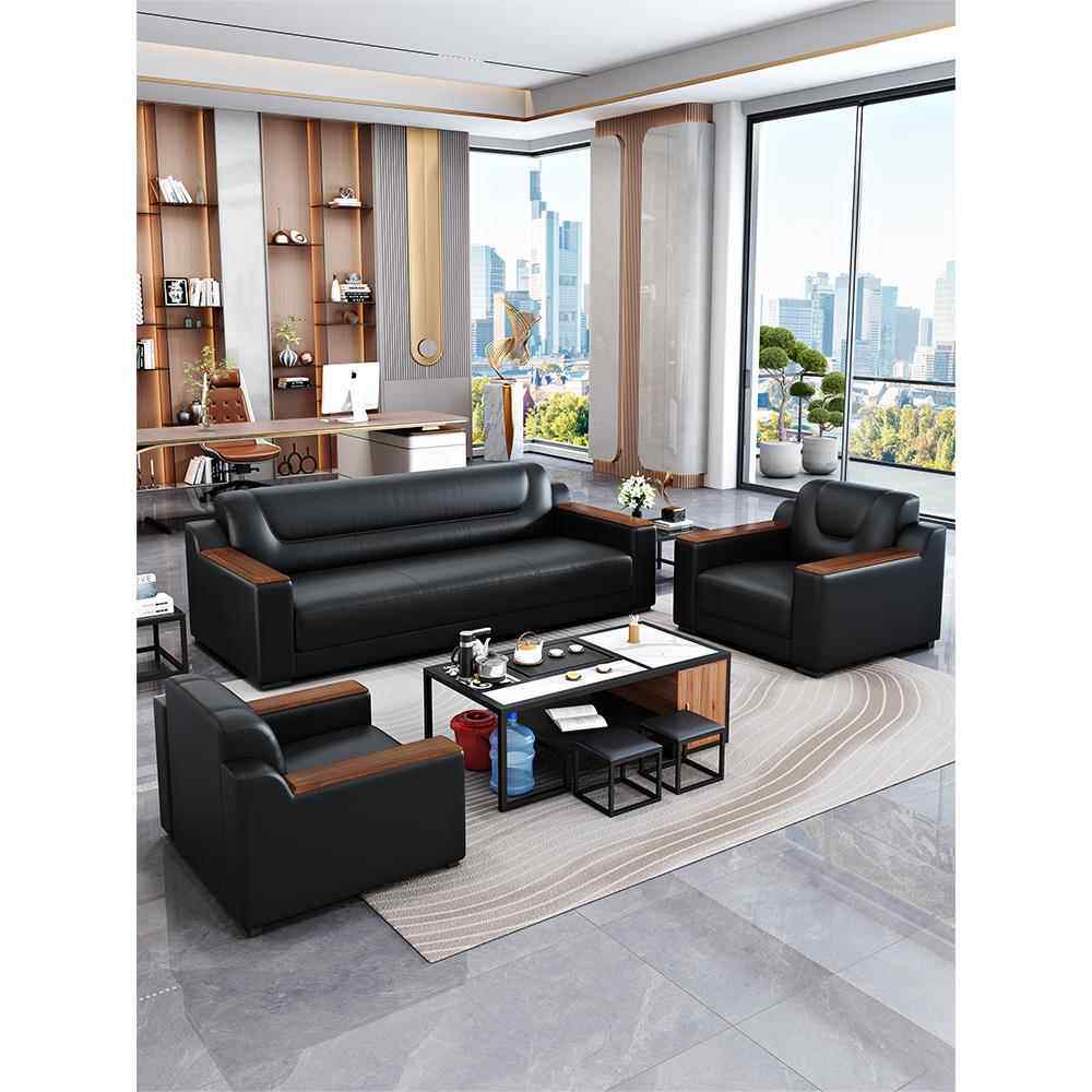 新中式真皮办公室沙发商务接待会客高端办公三人位沙发茶几组合