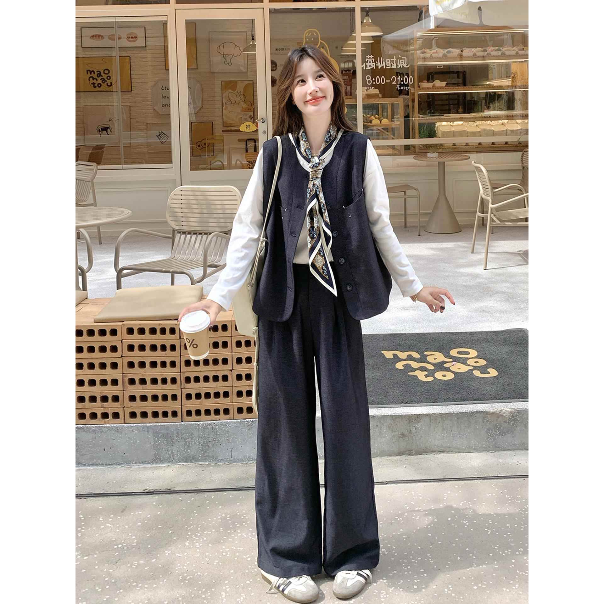 小个子穿搭套装女2025秋季新款韩系松弛感马甲休闲阔腿裤两件套