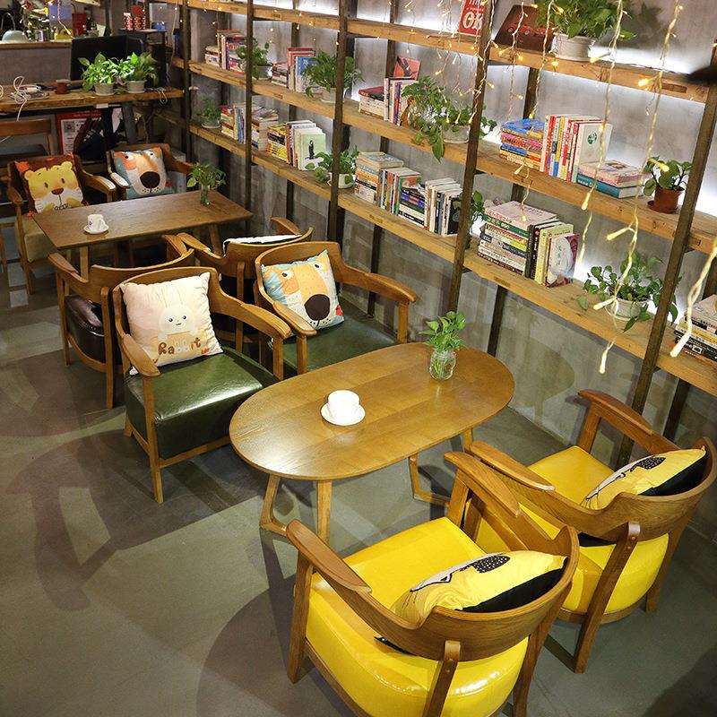 北欧接待室洽谈复古咖啡厅桌椅组合奶茶店书水吧沙发椅全实木餐桌
