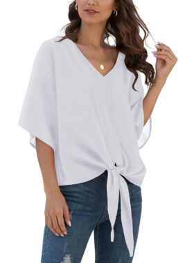 Women's Chic Chiffon Blouse - V-Neck, Batwing Short Sleeves,
