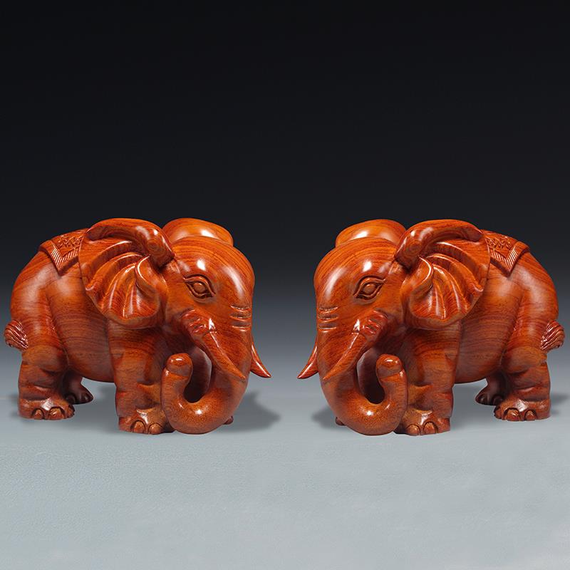 正品红黑檀木大象摆件实木质雕刻对一象木家居玄关雕办公室装饰工