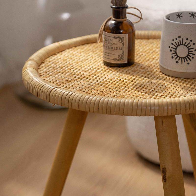 7W实木藤编茶几沙发边几民宿简约移动小小圆阳84小藤桌桌客可厅台