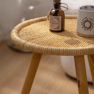 W实木藤编小茶几沙84小藤桌边几民小宿简约可移动小圆发桌客厅阳