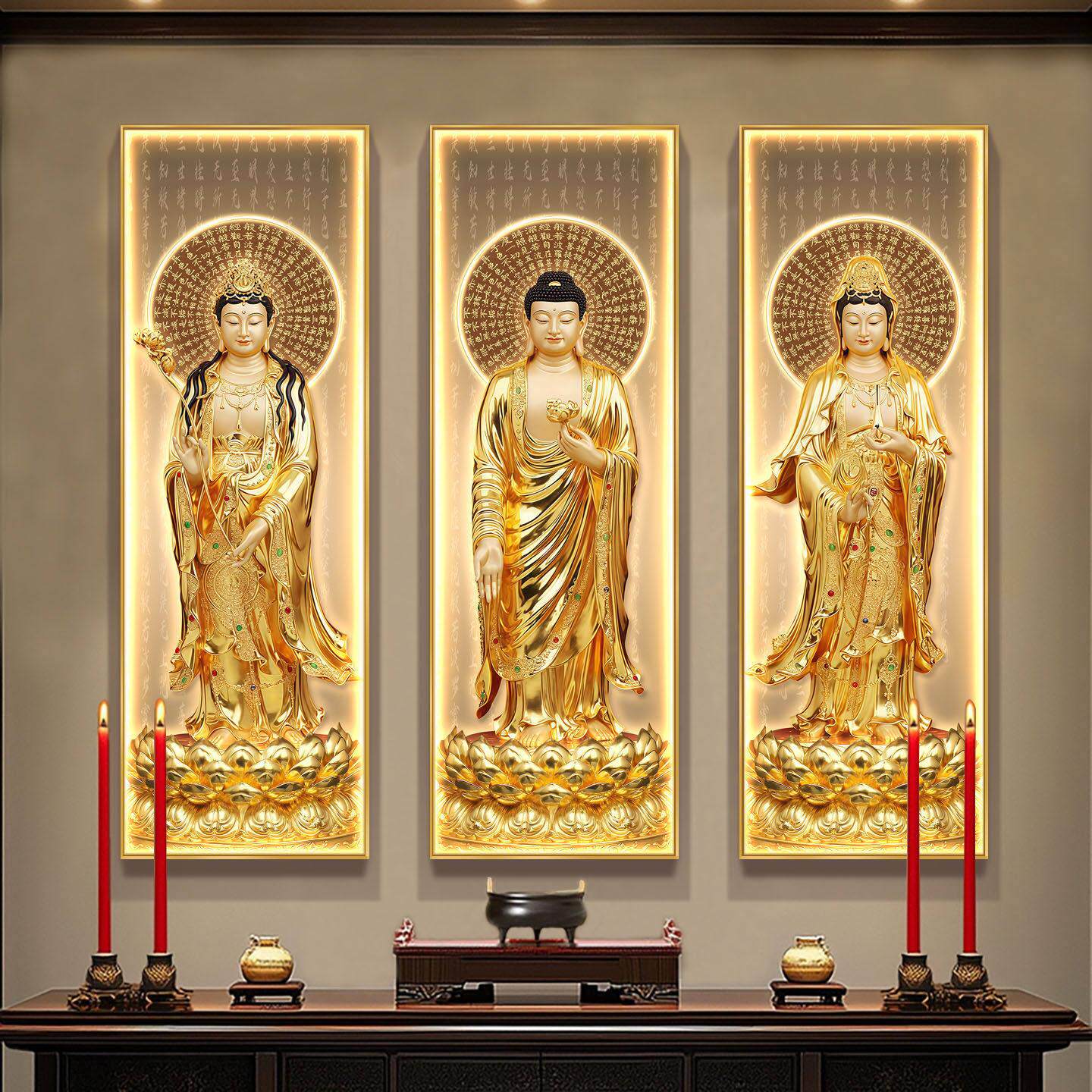 金色西方三圣佛像挂画心经佛堂家用供奉接引图装饰背景墙佛龛壁画