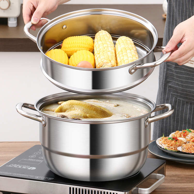 定时礼品三层蒸锅汤锅蒸煮通用不锈钢家用欧式加厚炉灶410多功能