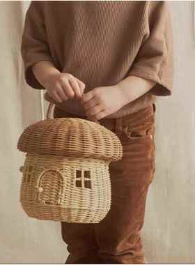 摄in009风s手工藤提编蘑菇形收纳手拎包篮儿童房装饰拍道具
