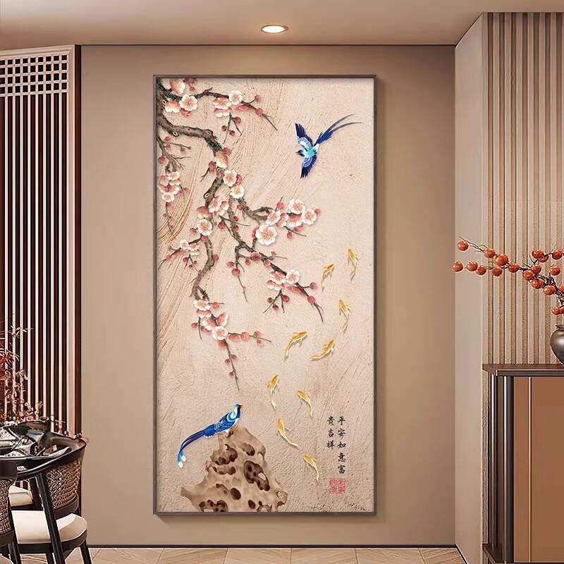 喜上眉梢玄关装饰画中式花鸟壁画高级大气入户正对门走廊过道挂画