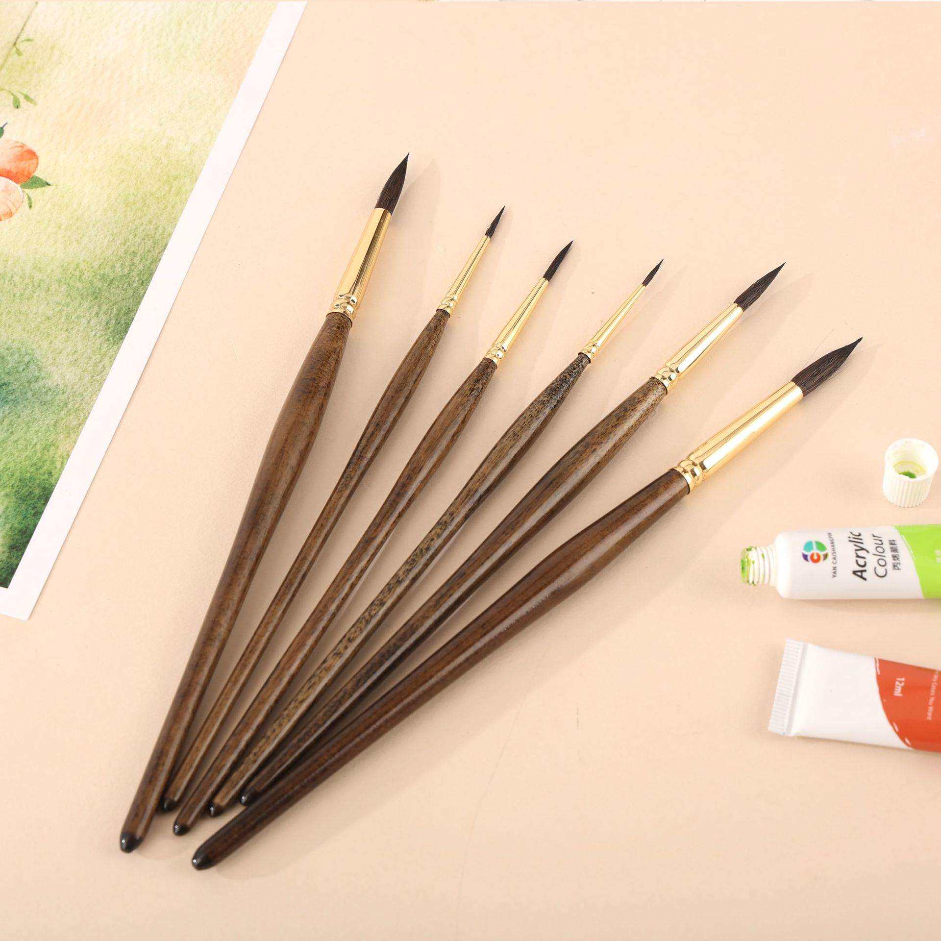 厂家水彩笔油画笔6支松鼠毛水彩画笔圆头毛笔单支水粉笔勾线笔