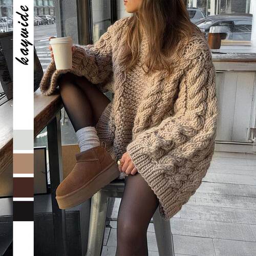 Womens Casual Plain Color LooseFit Sweater Round Neck Long