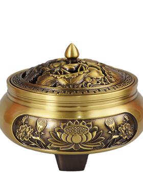 宏全摆黄铜大供号莲花并蒂三三足荷花足炉带盖奉熏达香炉铜器香炉