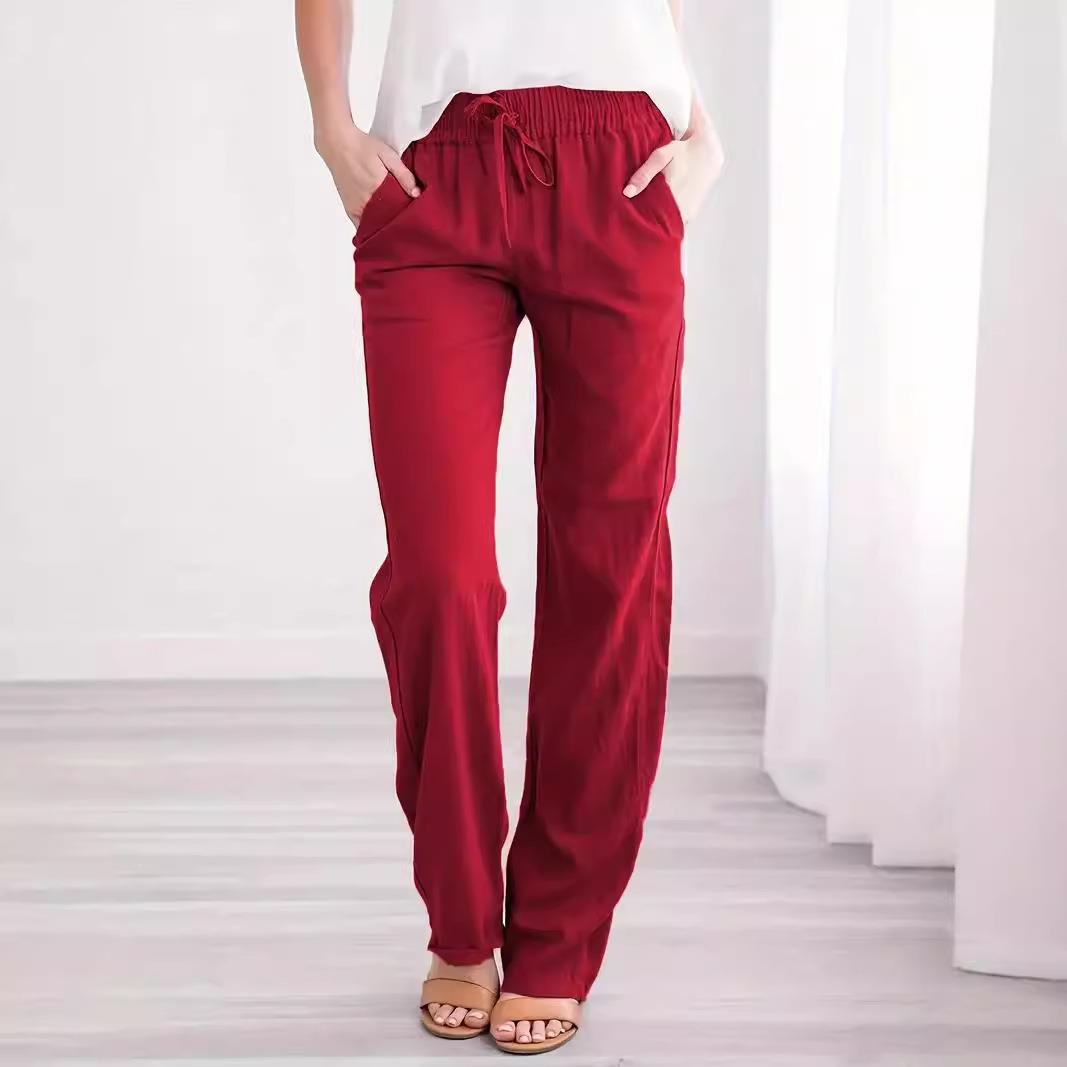 Womens and wide-leg drawstring cotton linen loose color