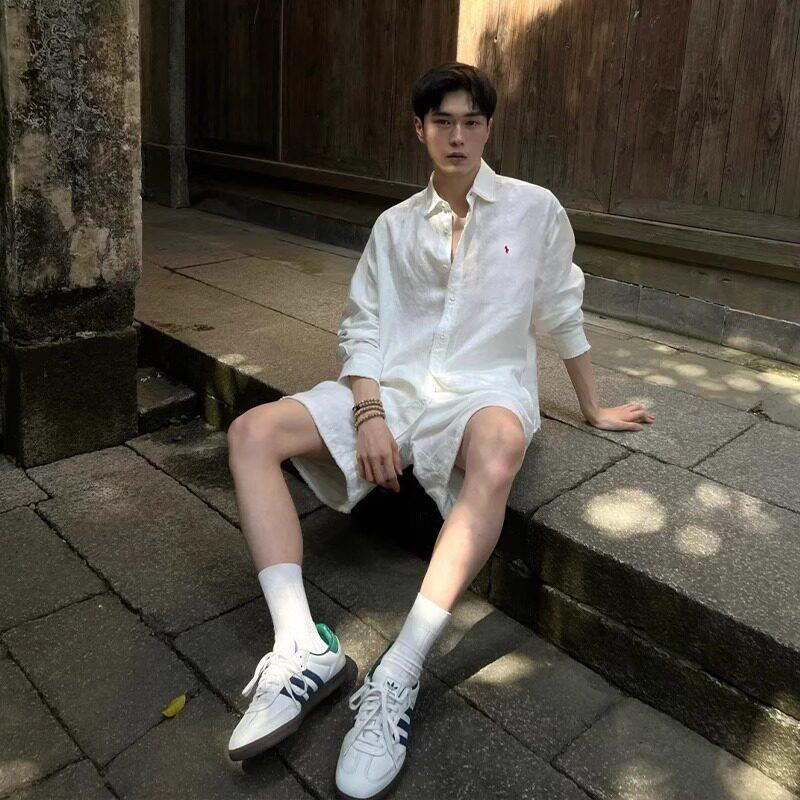 韩国Uamtor男生夏季亚麻衬衫套装慵懒松弛感老钱风短袖短裤两件套