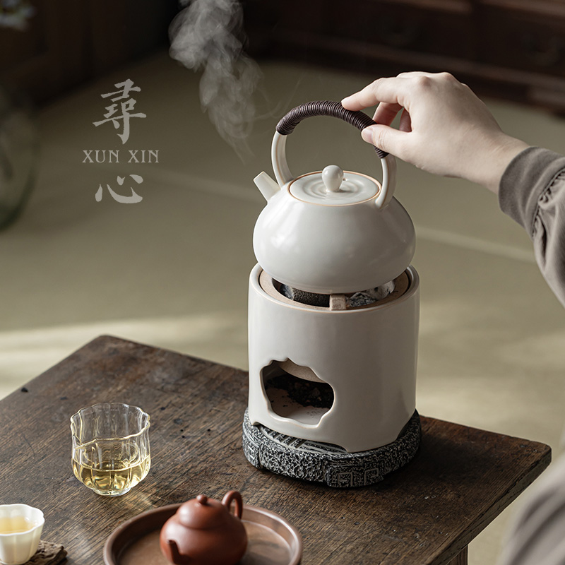 寻心苏打釉陶瓷提梁泡茶壶中式碳炉围炉煮茶家用木炭炉煮茶器套装
