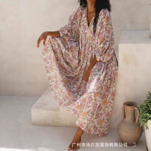 Women Floral Print Long Dress 34 Sleeve Dress V Neck Floral