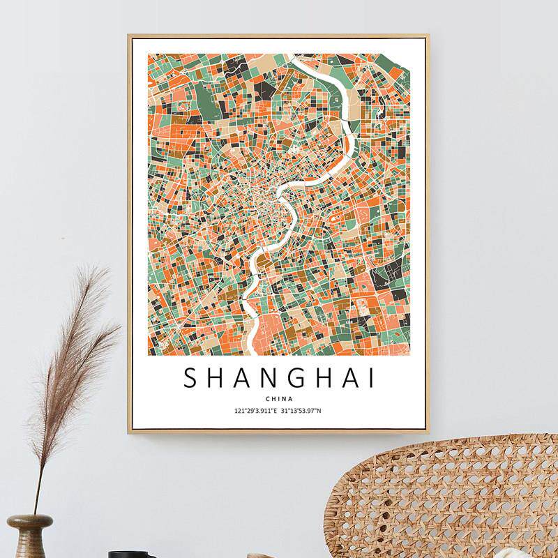 定制城市地图挂画抽象暖色块高端彩色线条北欧客厅创意小众装饰画