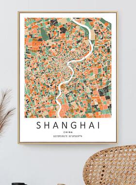 定制城市地图挂画抽象暖色块高端彩色线条北欧客厅创意小众装饰画
