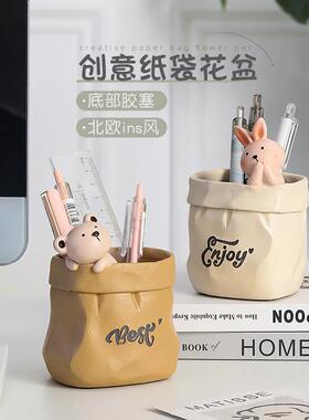 田园复古仿纸袋树脂多肉花盆桌面装饰收纳儿童笔筒创意小花盆