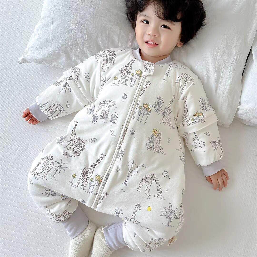 婴幼儿分腿夹棉睡袋男女宝宝秋冬加厚防踢被可拆半袖儿童连身爬行