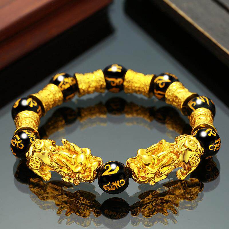 新款仿越南沙金霸气貔貅手链仿金黑曜石六字真言佛珠手串饰品配饰