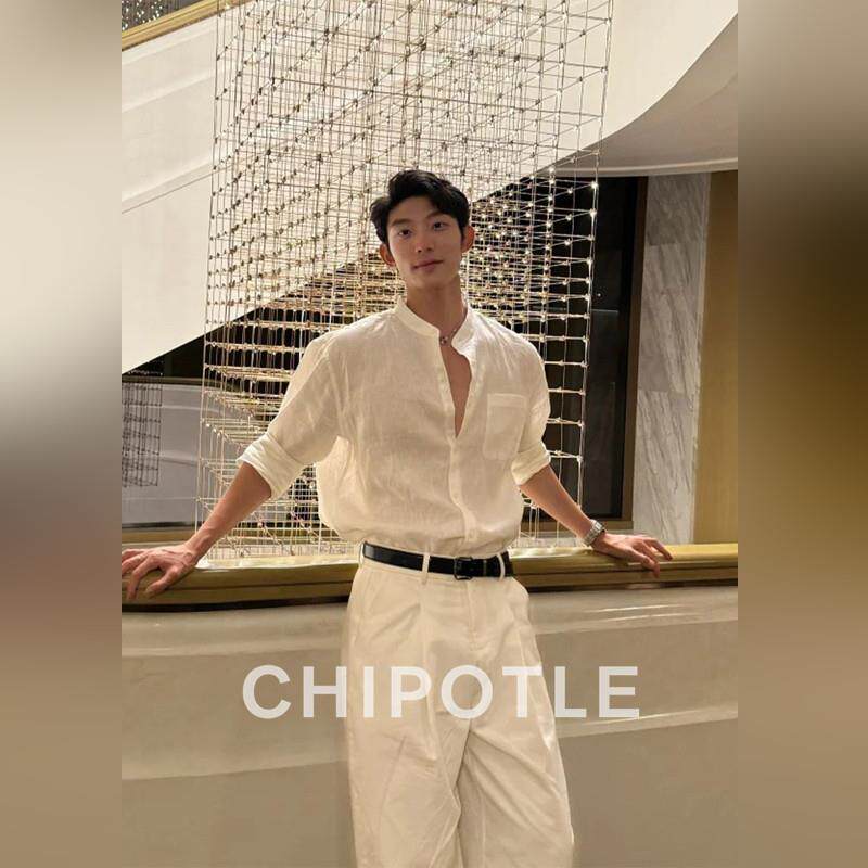 韩国CHIPOTLE英伦雅痞立领亚麻衬衫男士2026春季薄款休闲防晒长袖