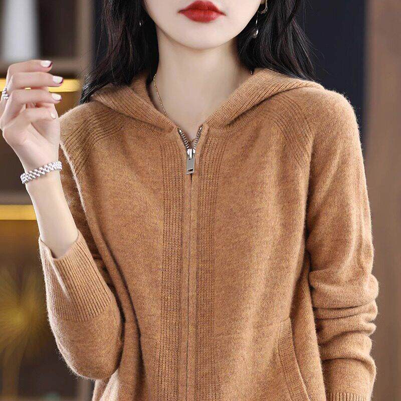 连帽卫衣羊毛开衫女2025年春秋季羊绒毛衣拉链针织打底衫外套上衣