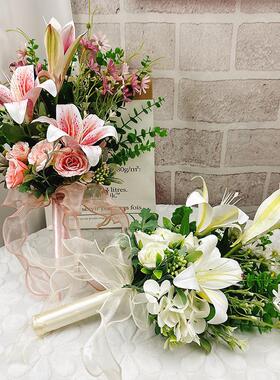 彷真花百合花婚庆手捧花装饰塑料花假花玫瑰花高级感新娘手拿花束