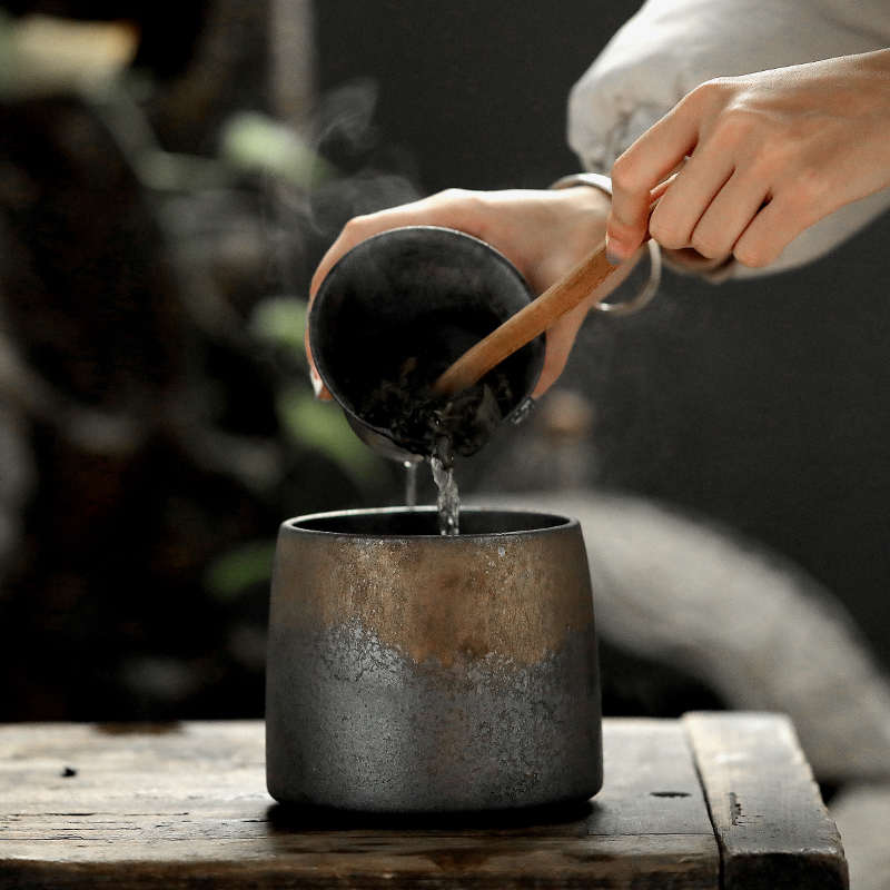 复古鎏金茶渣桶 粗陶大建水 日式干泡茶具配件水洗渣斗水盂茶渣桶