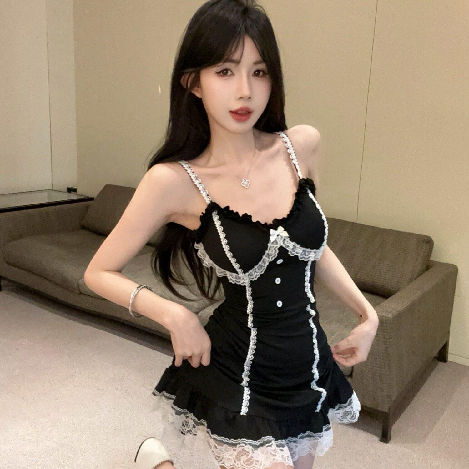 直播衣服女主播服装上镜法式甜辣妹蕾丝花边女仆风性感吊带连衣裙
