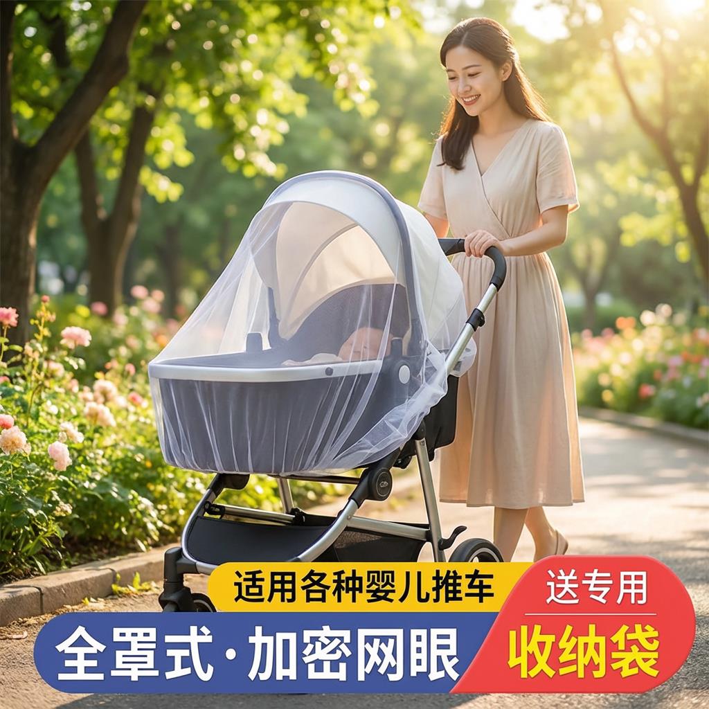 婴儿车蚊帐通用加大加密网纱推车伞车防护罩全罩式婴儿车防蚊蚊帐