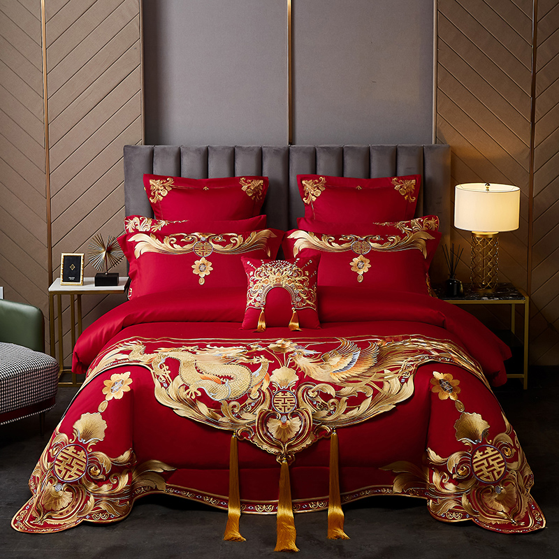 高端婚庆四件套大红刺绣160支长绒棉被套全棉床单结婚房陪嫁床品4