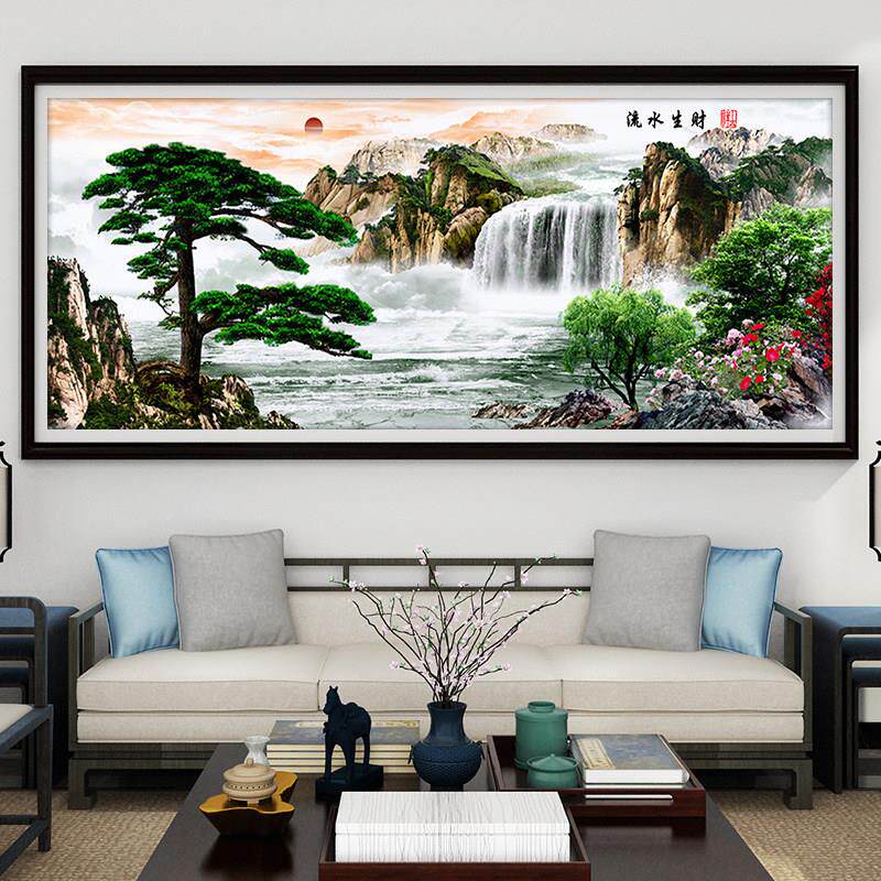 5d钻石画 画满钻客厅迎客松风景山水画 画流水生财十字绣2024新款