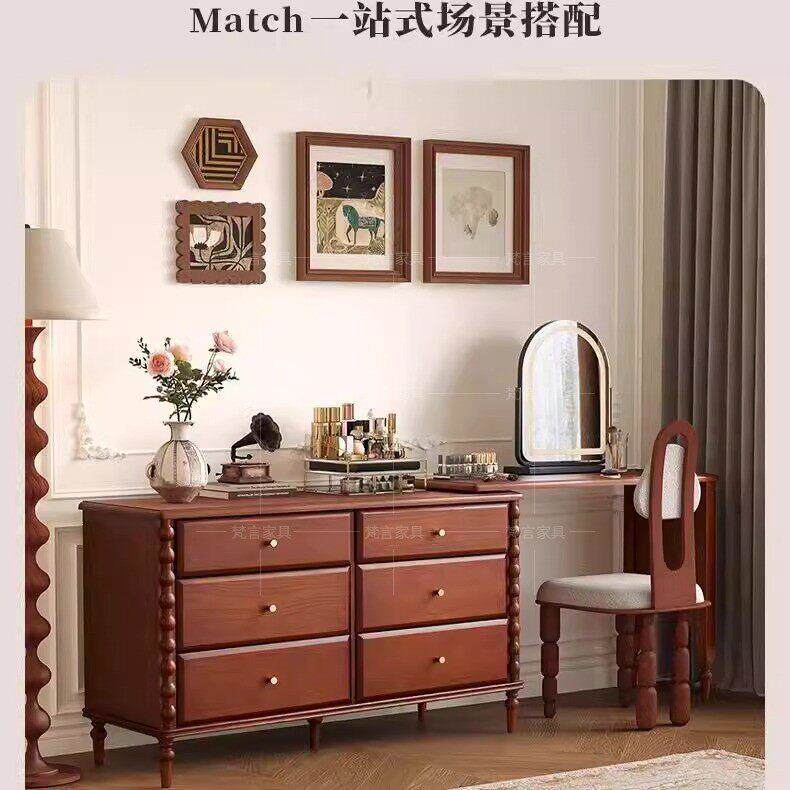 中古风化妆台黑色覆古斗柜一体化妆台小户型伸缩实木卧室化妆桌子