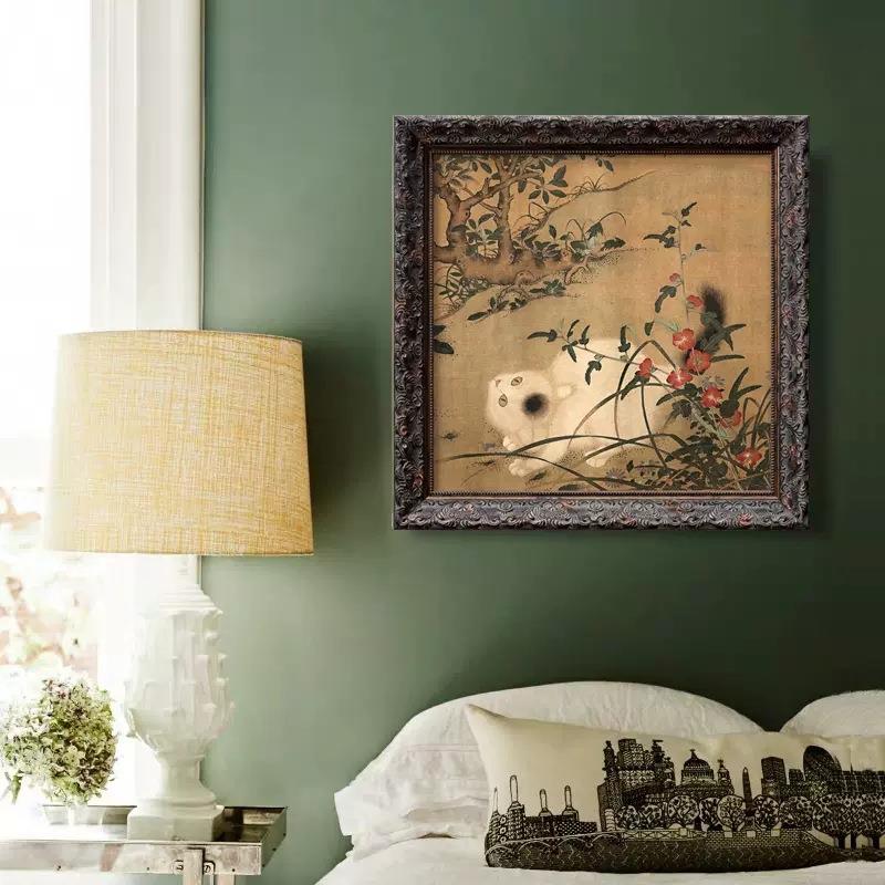嬉春图法式中国风复古新中式猫咪进口实木外框装饰画卧室壁画挂画