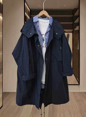 香港大码女装中长款风衣外套2025春秋新款胖mm宽松连帽工装冲锋衣