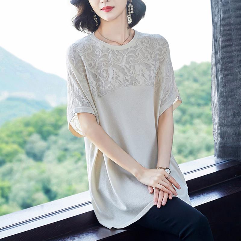 胖妈妈夏装新款短袖t恤女加肥加大码宽松遮肚中长款冰丝上衣洋气