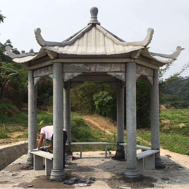 石亭子长廊晚霞红六角石凉亭汉白玉欧式亭子走廊雕刻厂家供应