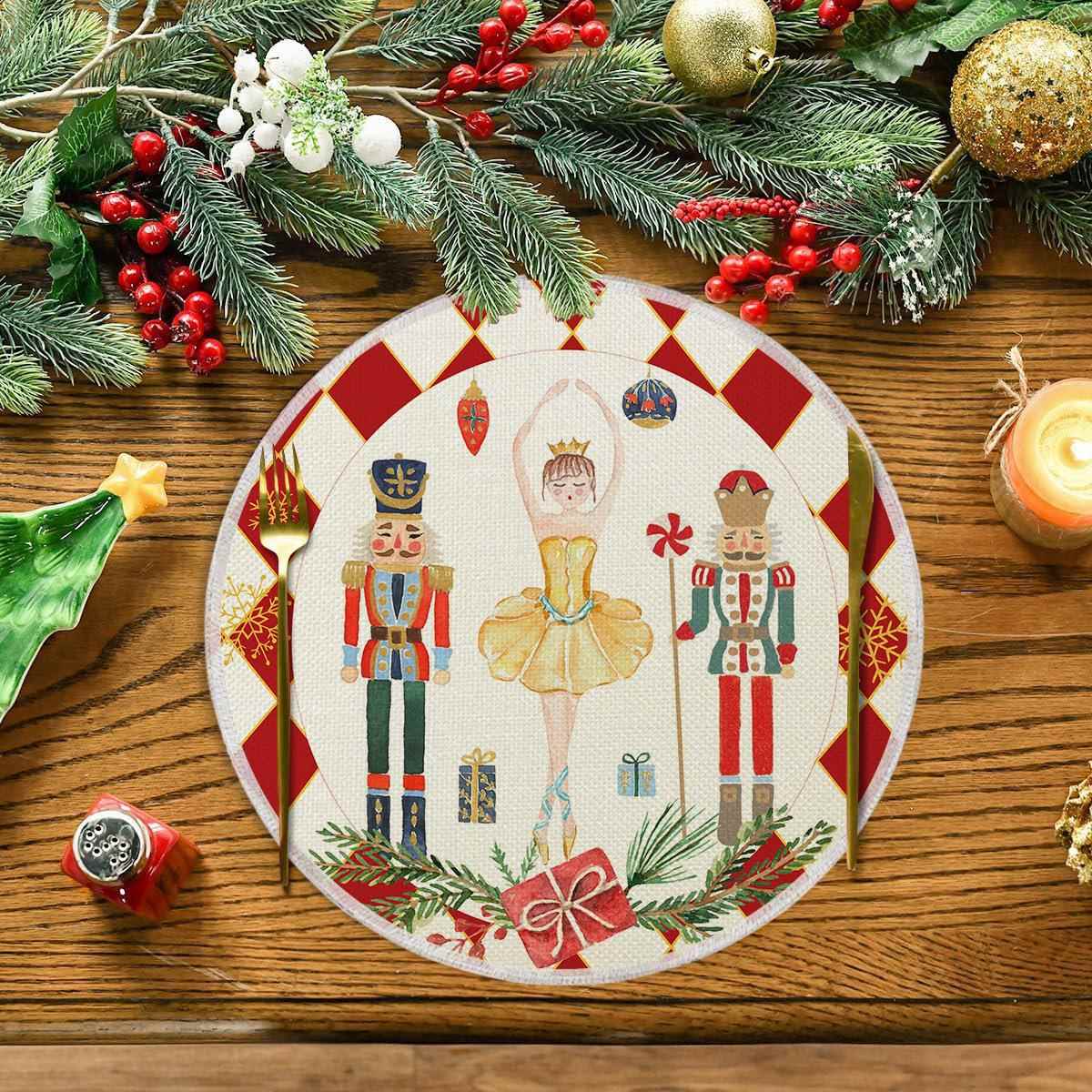 跨境热销圣诞节圆形餐垫亚麻印花餐桌垫圣诞节餐桌装饰布艺餐垫