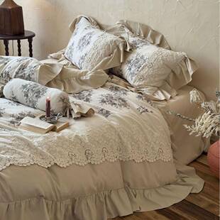 法式 镂空荷叶边超柔长绒棉磨毛四件套复古印花被套秋冬裸睡床品