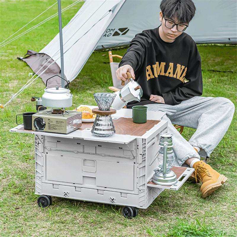 豪华升级款侧开拉杆折叠野营箱户外露营木头盖板箱野营防尘收纳箱
