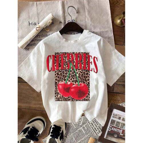 Women'S Cherry Print Leopard Round Neck Fitted Tee Fashion