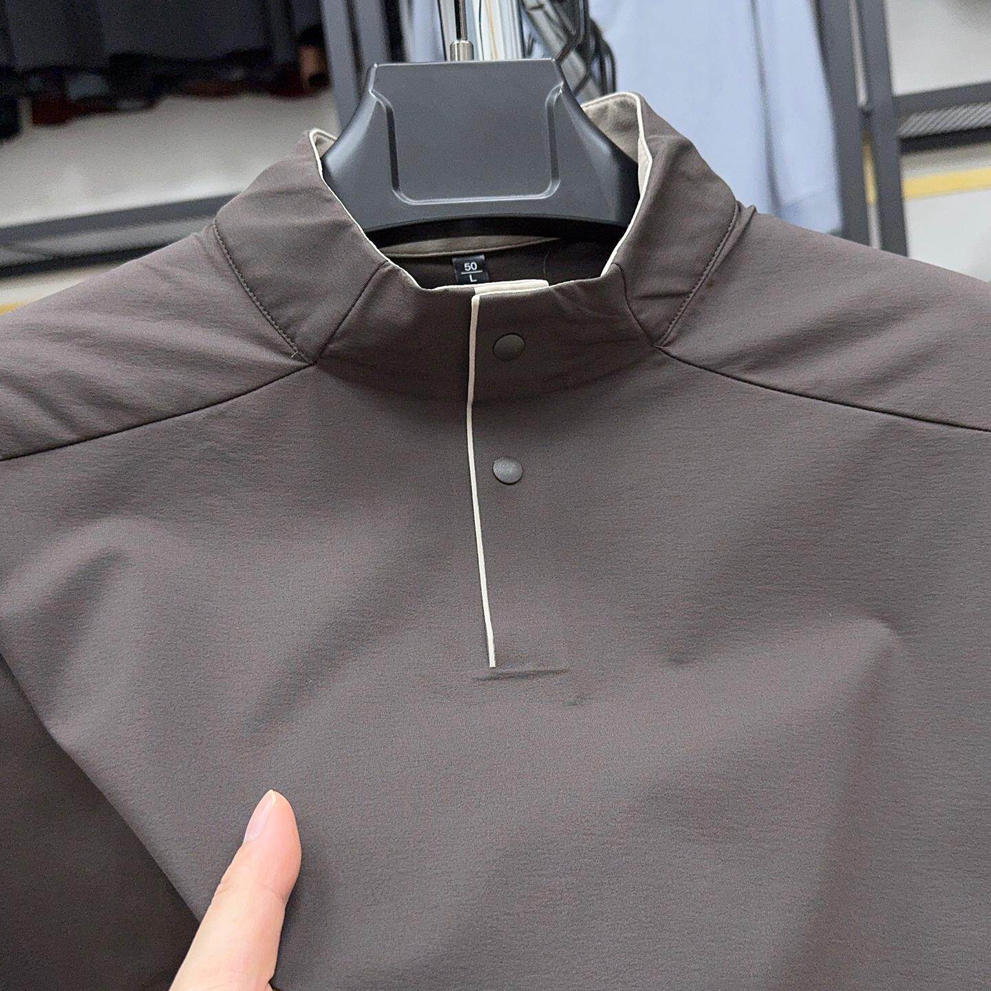 rcbb~无拘裸感！高级运动风长袖t恤男新款免烫休闲纯色立领上衣潮