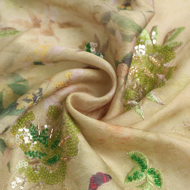 人丝锦纶数码印花珠管亮片刺绣布料现货供应