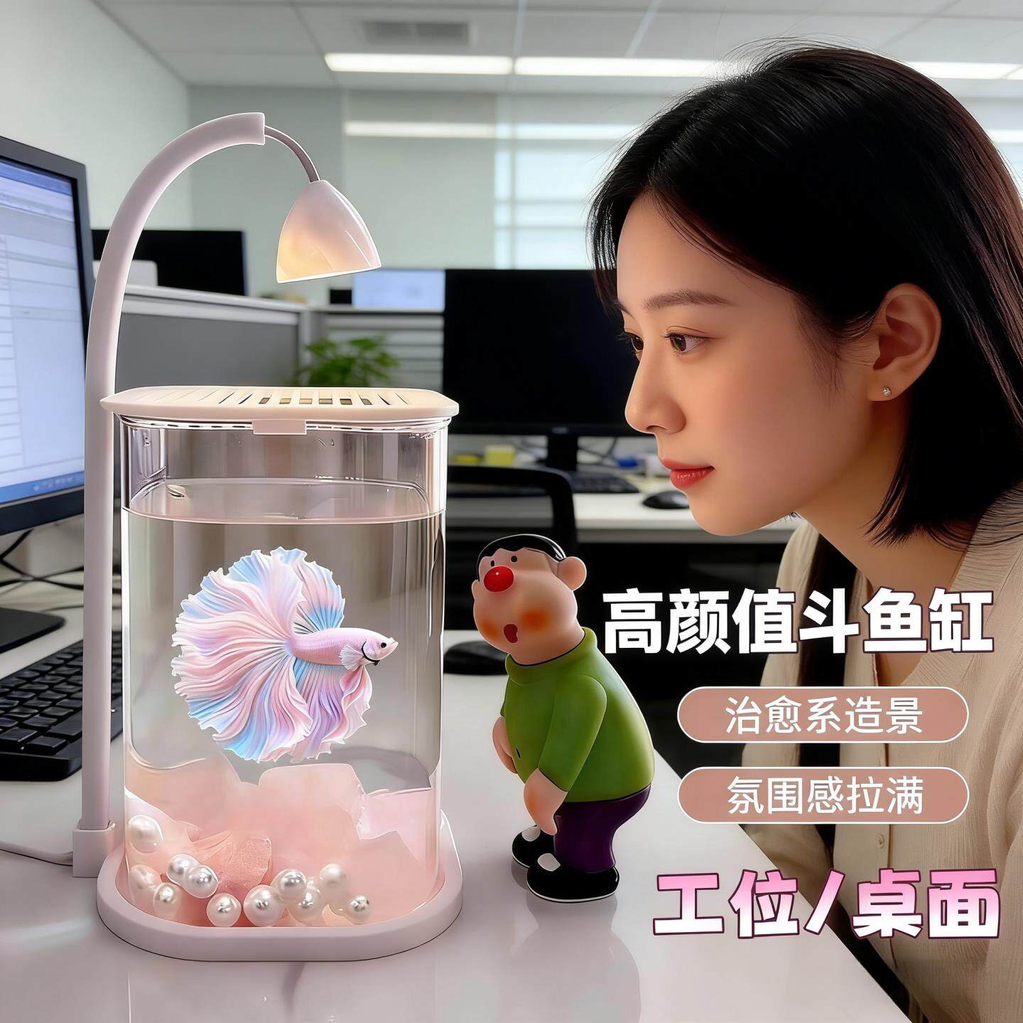 工位小鱼缸办公室小型桌面斗鱼缸迷你玻璃创意造景生态观赏水族箱