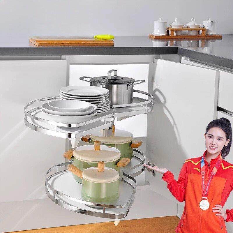 厨房转角飞碟拐角家调味料收纳整体橱柜拐角旋转拉篮小双层阻尼置