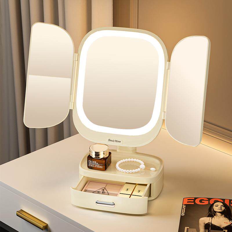家用梳妆镜led化妆镜带灯台式女补光小镜子ins风宿舍桌面带收纳盒
