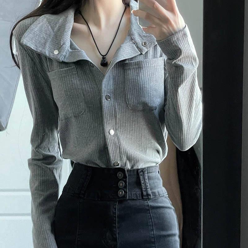 灰色衬衫女设计感小众衬衣法式上衣小个子别致独特春季装时尚新款
